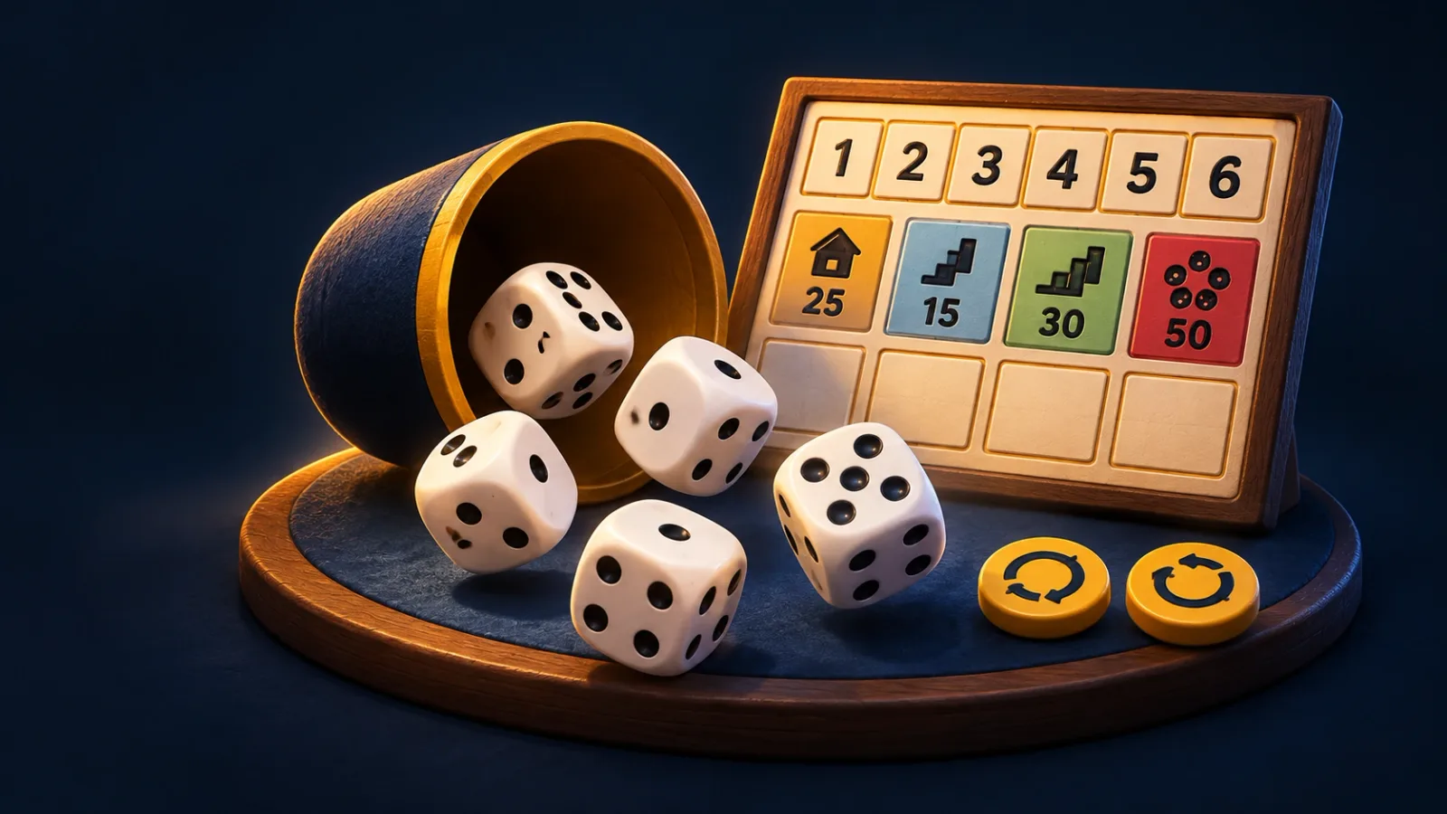 Illustrated cover for Roll With It. Five dice, two rerolls, thirteen boxes. Everyone rolls at once.