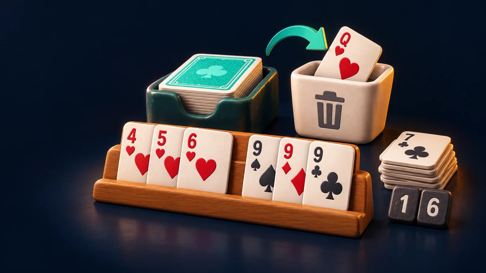 Illustrated cover for Runs & Sets. Draw one, bin one, quietly build the perfect hand.
