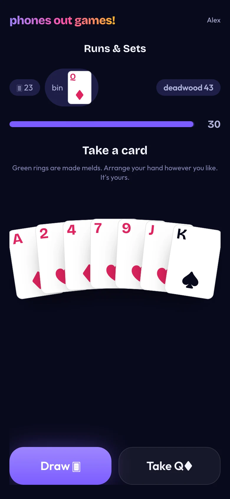 Runs & Sets phone screen: Draw and discard