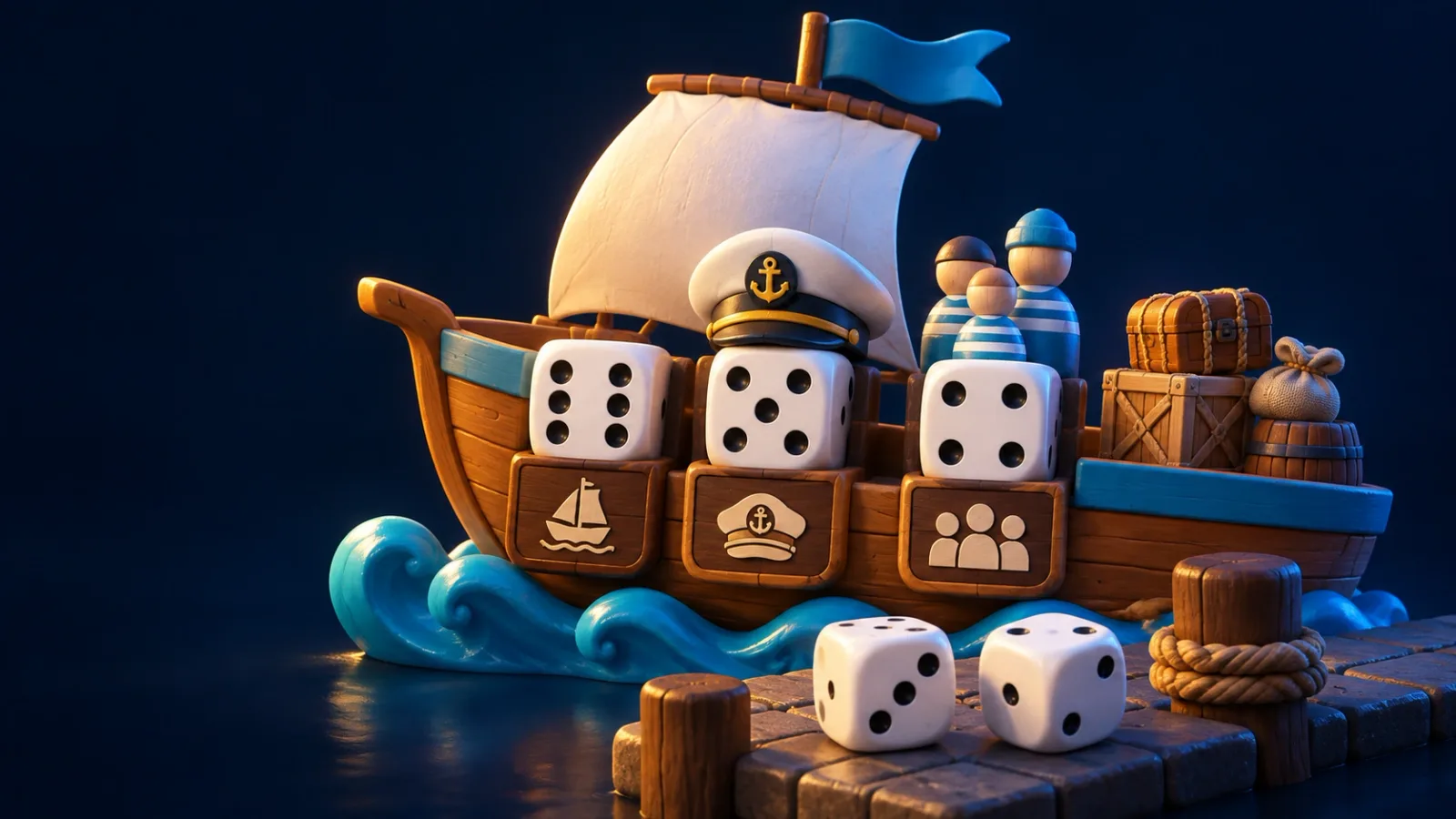 Illustrated cover for Ship, Captain and Crew. Find your six, five and four in order. Then the cargo decides it.