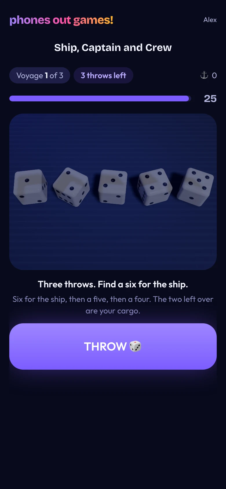 Ship, Captain and Crew phone screen: Throw the dice
