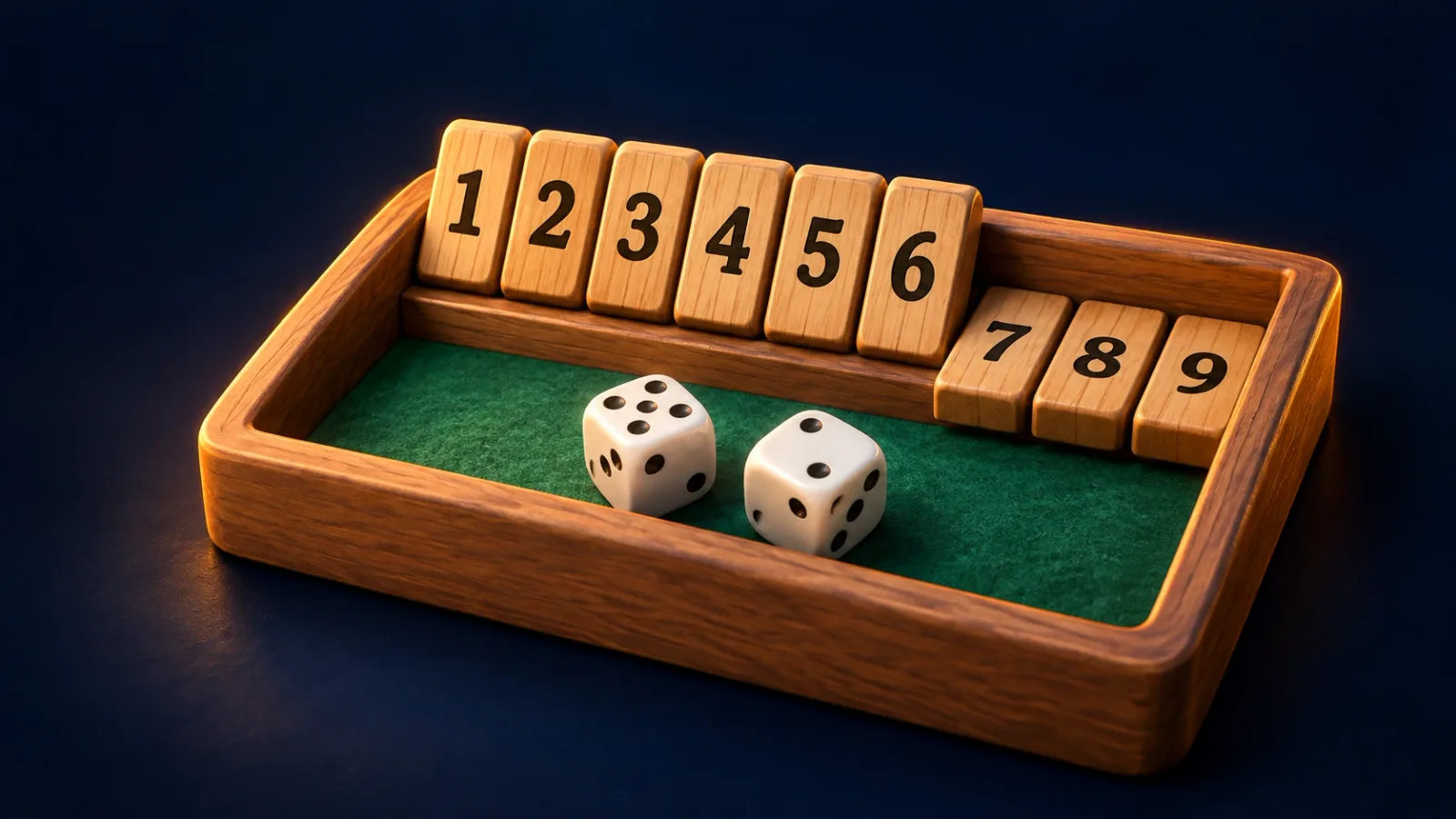 Illustrated cover for Shut the Box. Nine tiles, two dice. Flip them down before the numbers run out.