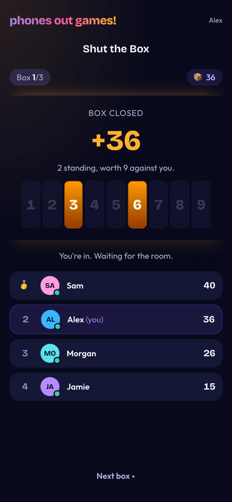 Shut the Box phone screen: See the scores