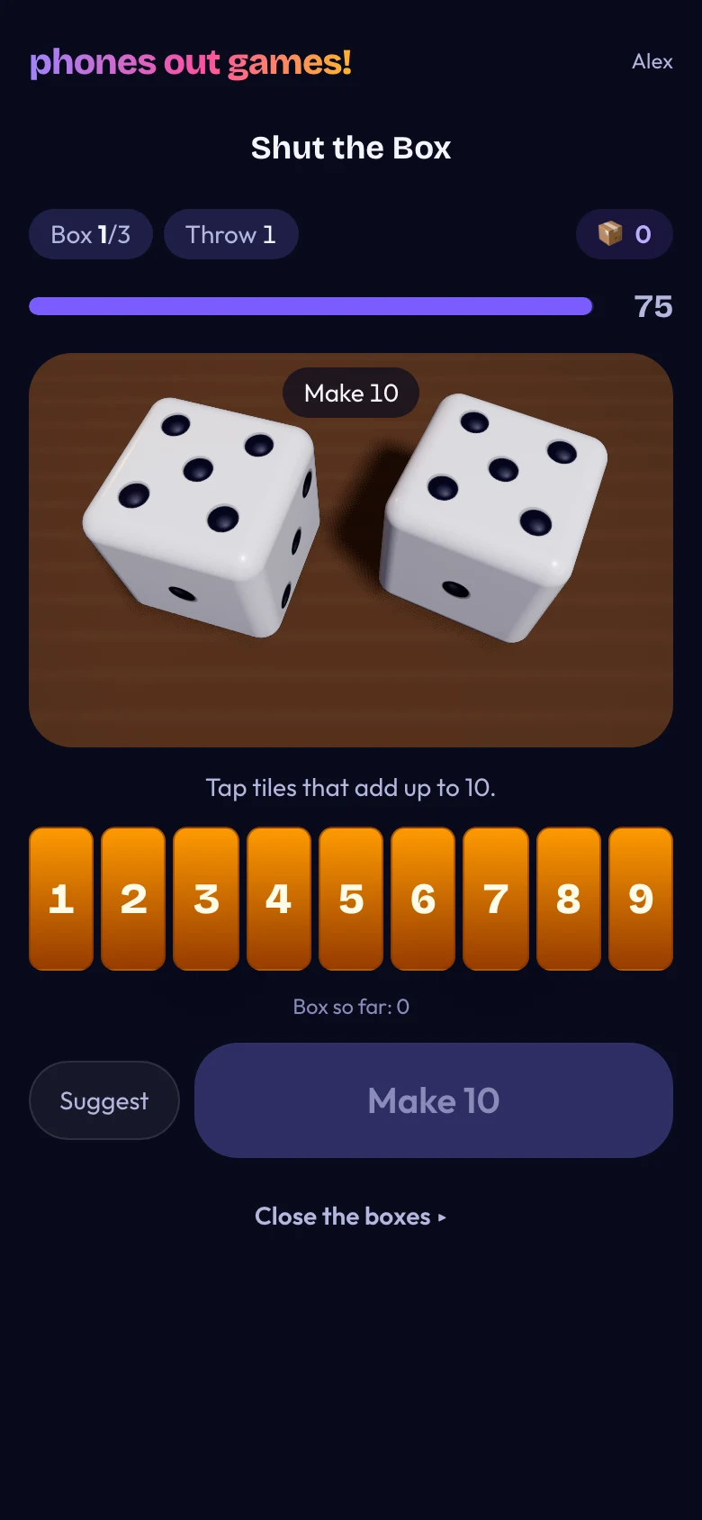 Shut the Box phone screen: Shut your tiles