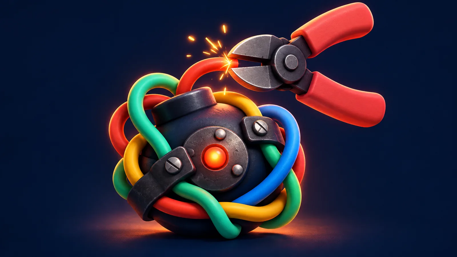 Red wire cutters poised over a colourful tangle of wires on a cartoon bomb