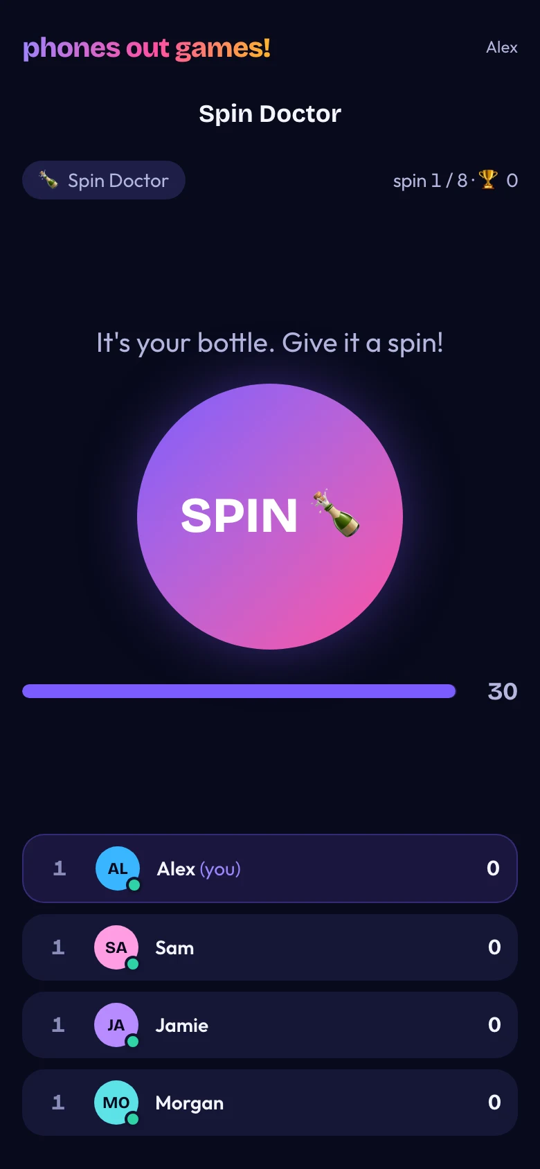 Spin Doctor phone screen: Spin the bottle