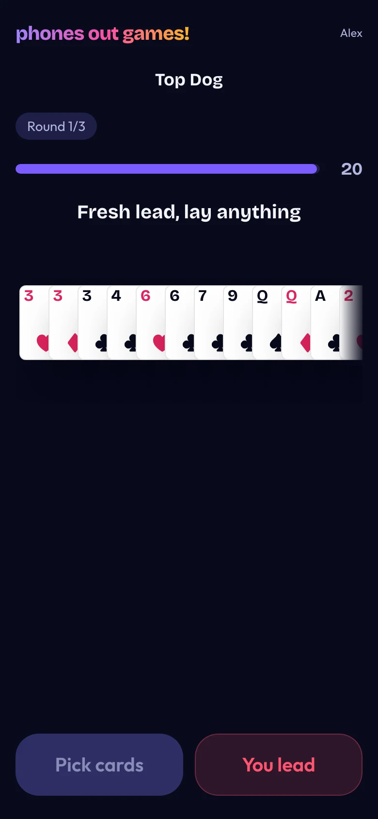 Top Dog phone screen: Play a set