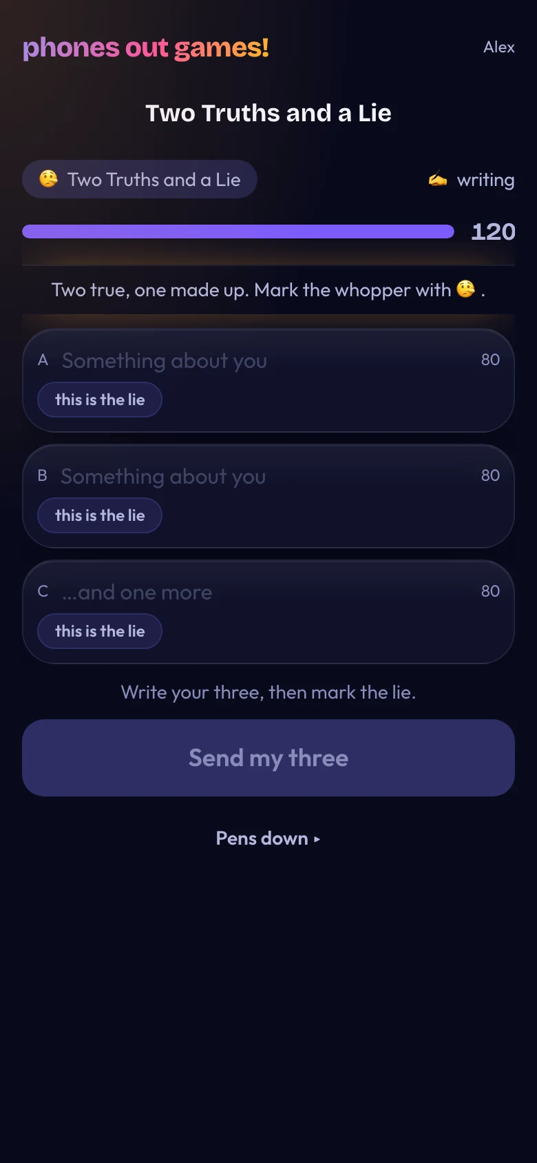 Two Truths and a Lie phone screen: Write three things