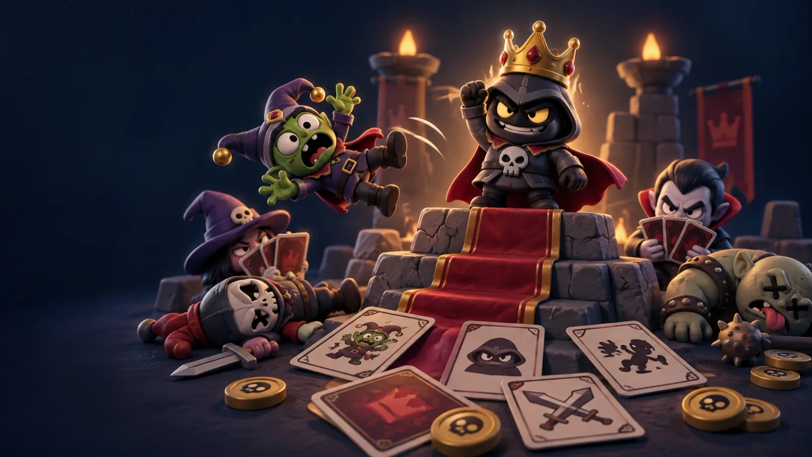 Illustrated cover for Tiny Villains. Keep one villain. Unleash the other. Last villain standing takes the crown.