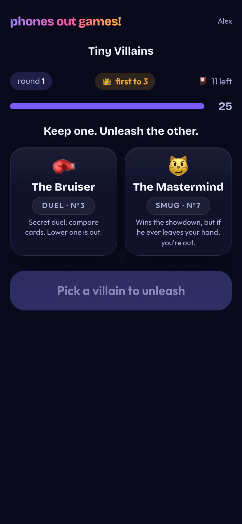 Tiny Villains phone screen: Keep one, unleash one