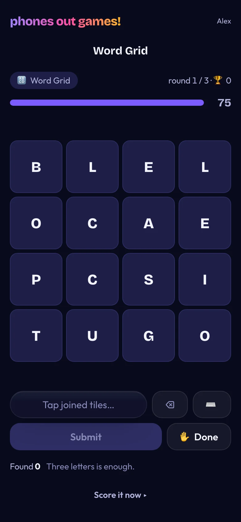 Word Grid phone screen: Find the words